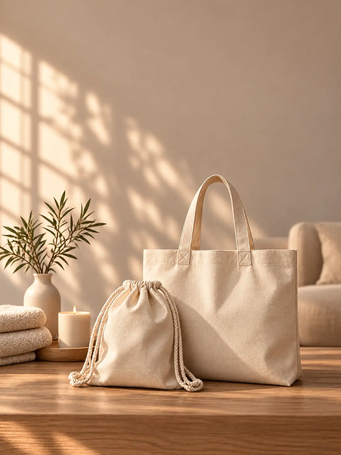 Baumwolltaschen von ELES VIDA in einem hellen Wohnraum