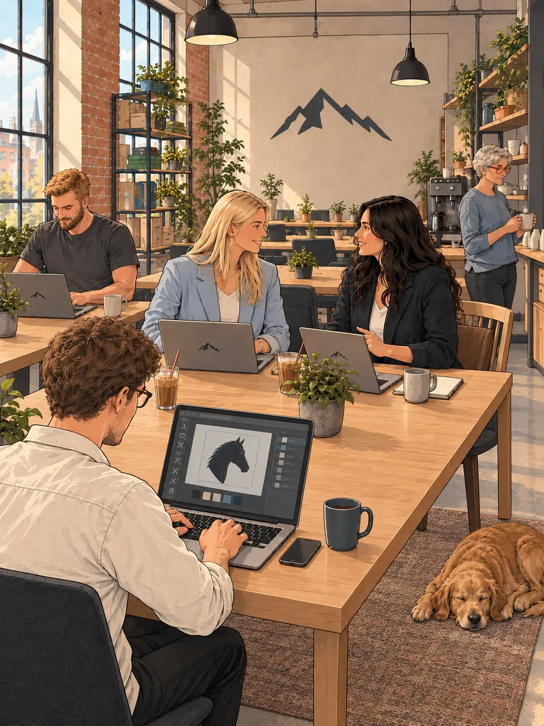 Illustration des Snowcommerce-Teams im Buero