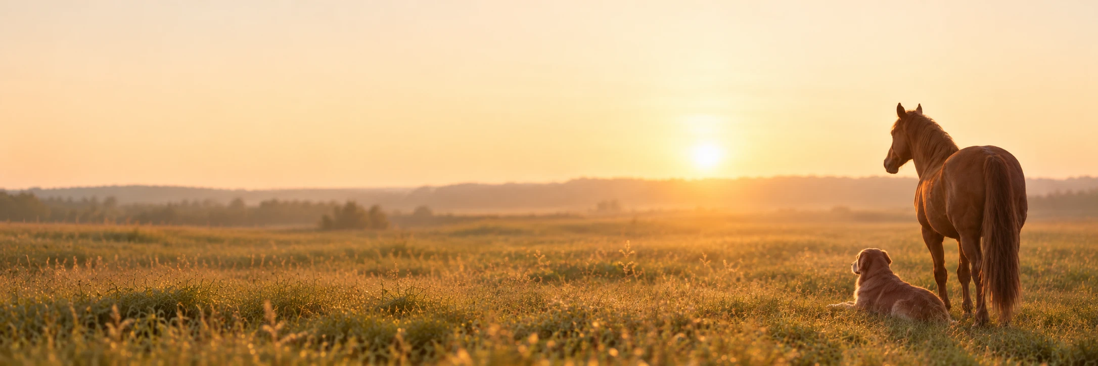 Pferd und Hund auf einer Weide im Abendlicht